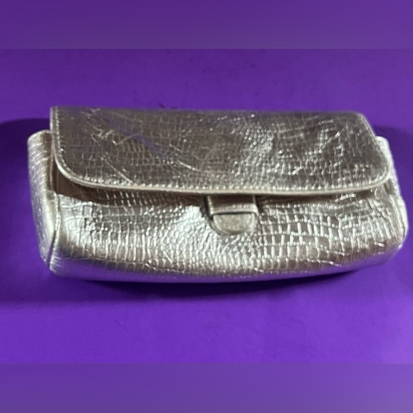 Lauren Merkin Metallic Silver Croc Embossed Leather Clutch Bag